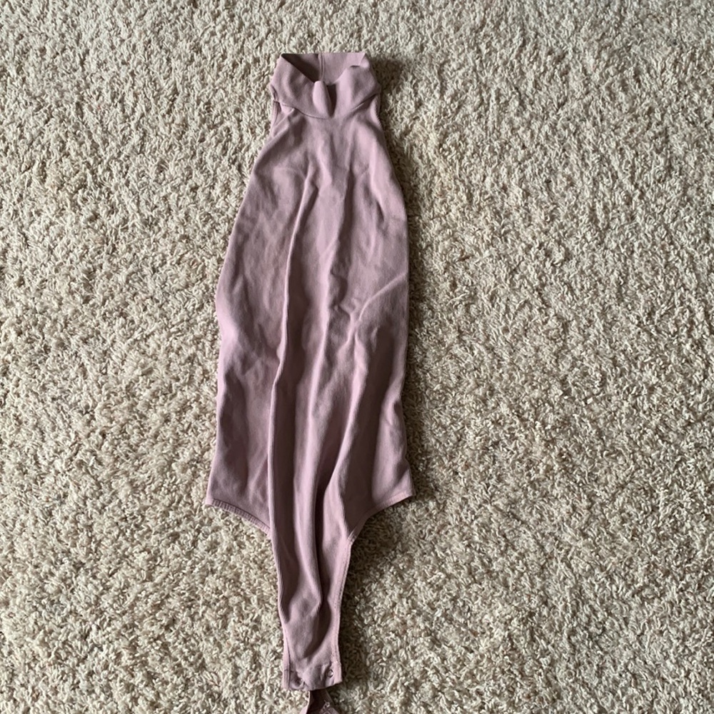 Super cute high collar open back body suit